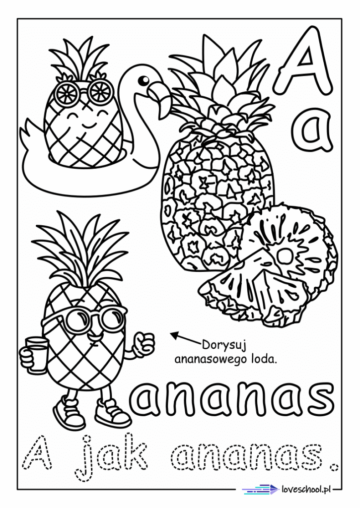 kolorowanka do nauki literek A jak ananas