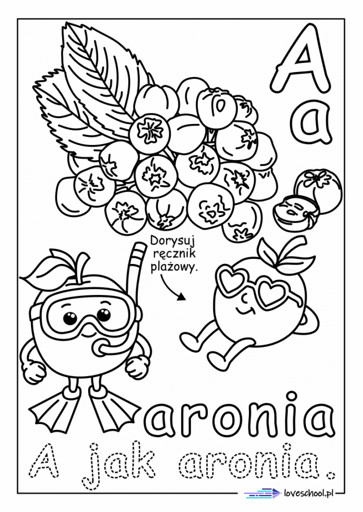 a jak aronia. kolorowanka do nauki alfabetu
