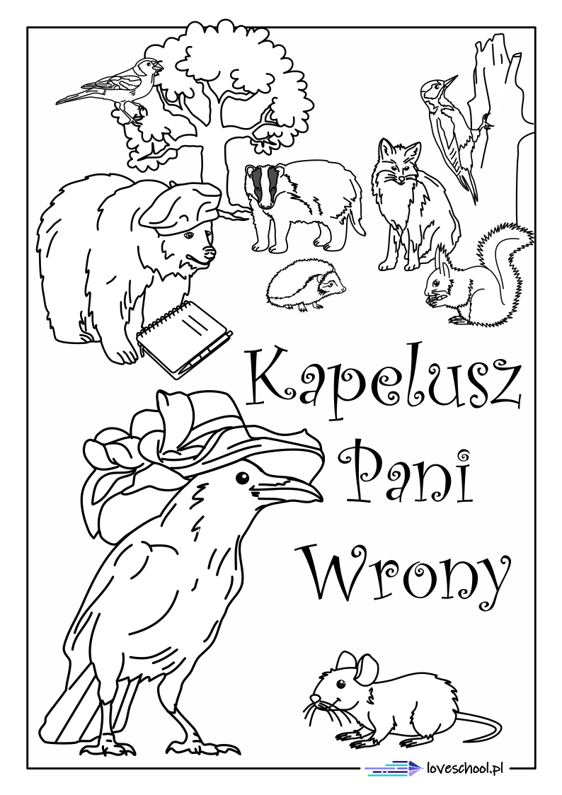 Karty pracy do lektury Kapelusz Pani Wrony kolorowanka z bohaterami