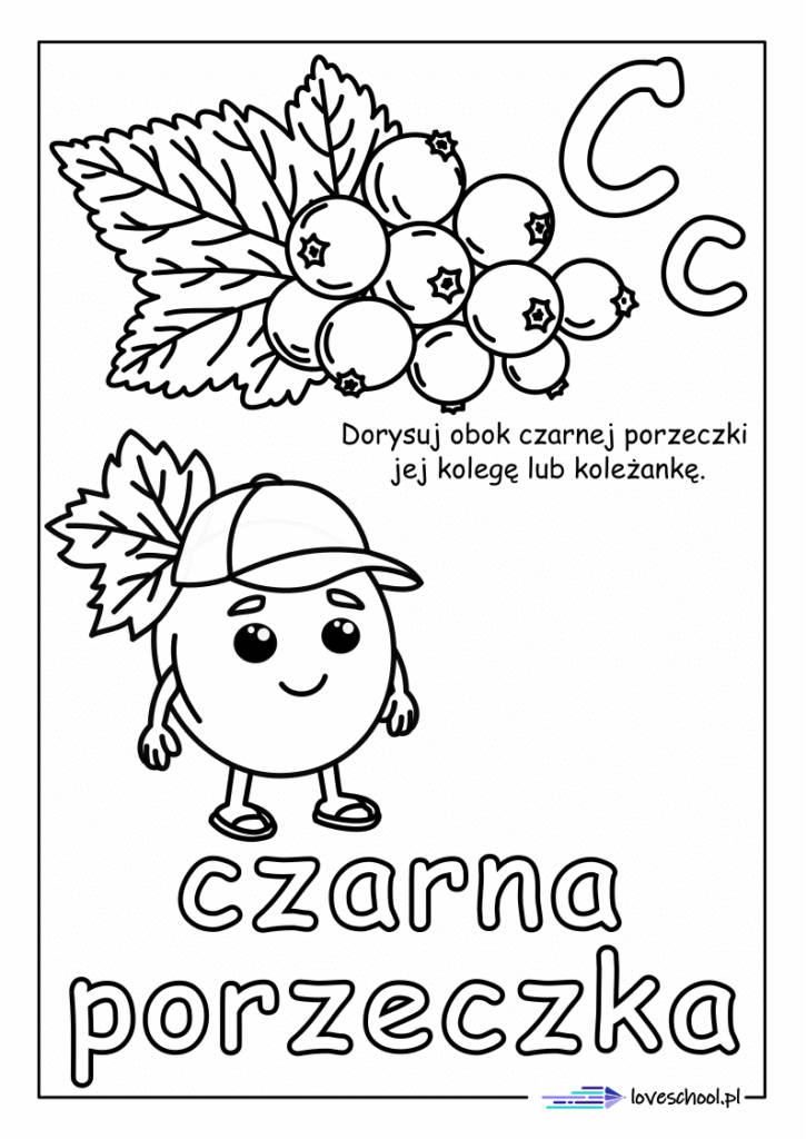 czarna porzeczka kolorowanka w pdf nauka owoców i liter
