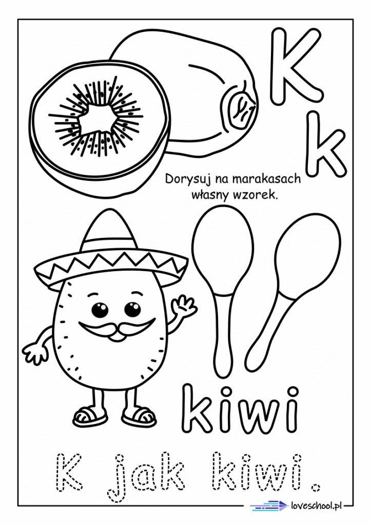 nauka owoców i liter. Kolorowanka w pdf k jak kiwi