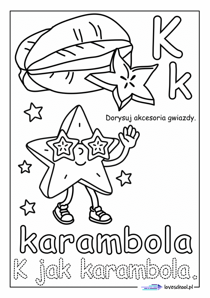 K jak karambola. Nauka przez zabawę. Kolorowanka edukacyjna w pdf