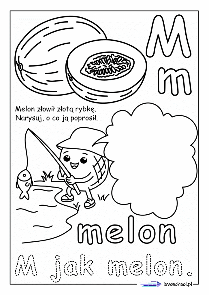 M jak melon, kolorowanka z owocami i literami w pdf