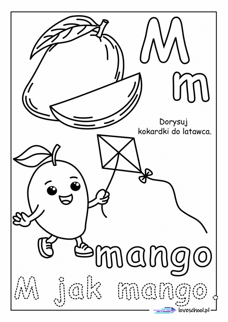 M jak mango, kolorowanka do nauki owoców i liter w pdf