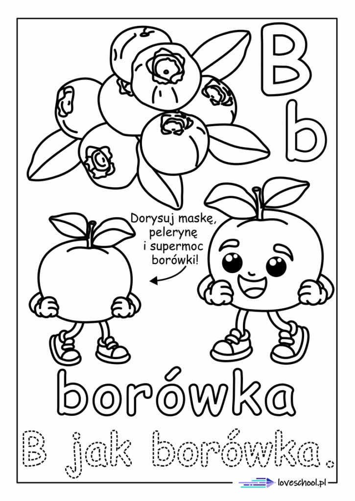 B jak borówka nauka liter i owoców kolorowanka