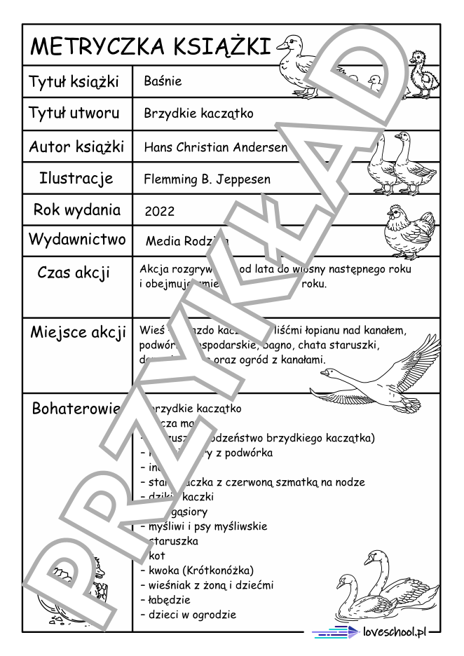 Metryczka do lektury Brzydkie kacząrko pdf