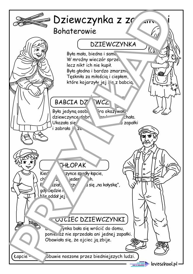 Bohaterowie lektury o dziewczynce z zapałkami