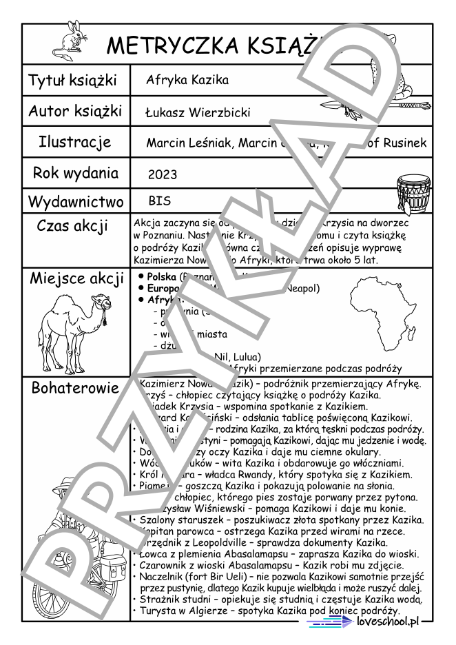 Metryczka lektury "Afryka Kazika" w pdf do pobrania