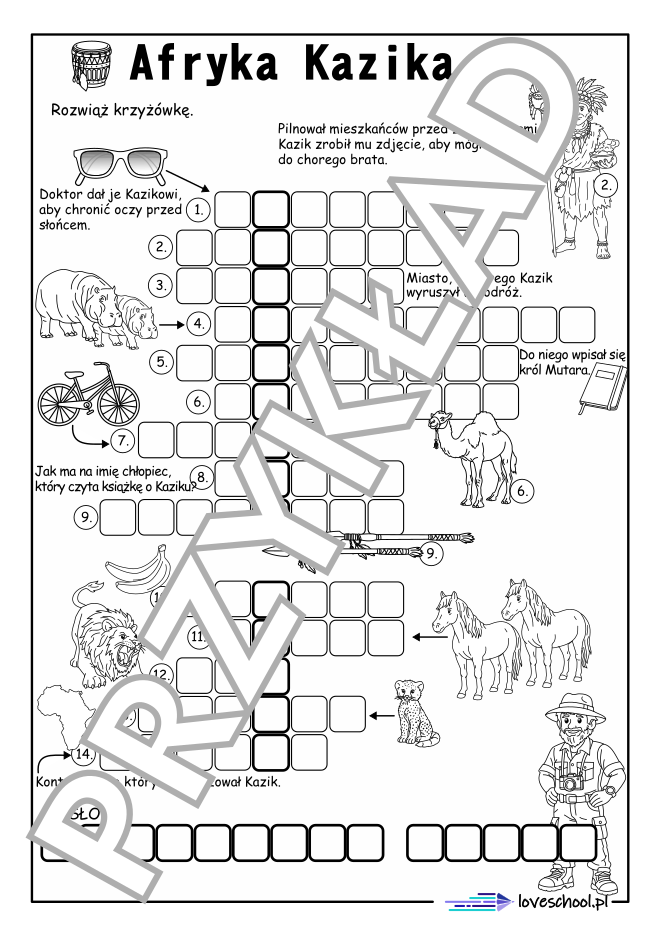 Krzyżówka do uzupełnienia do lektury Afryka Kazika