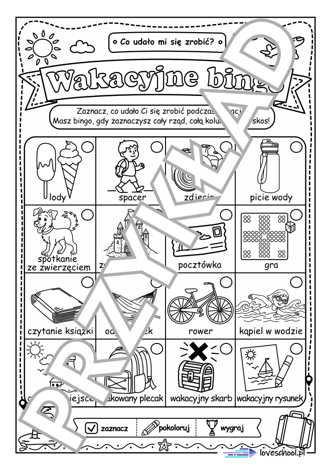 Wakacyjne bingo - karta pracy. Gry na wakacje