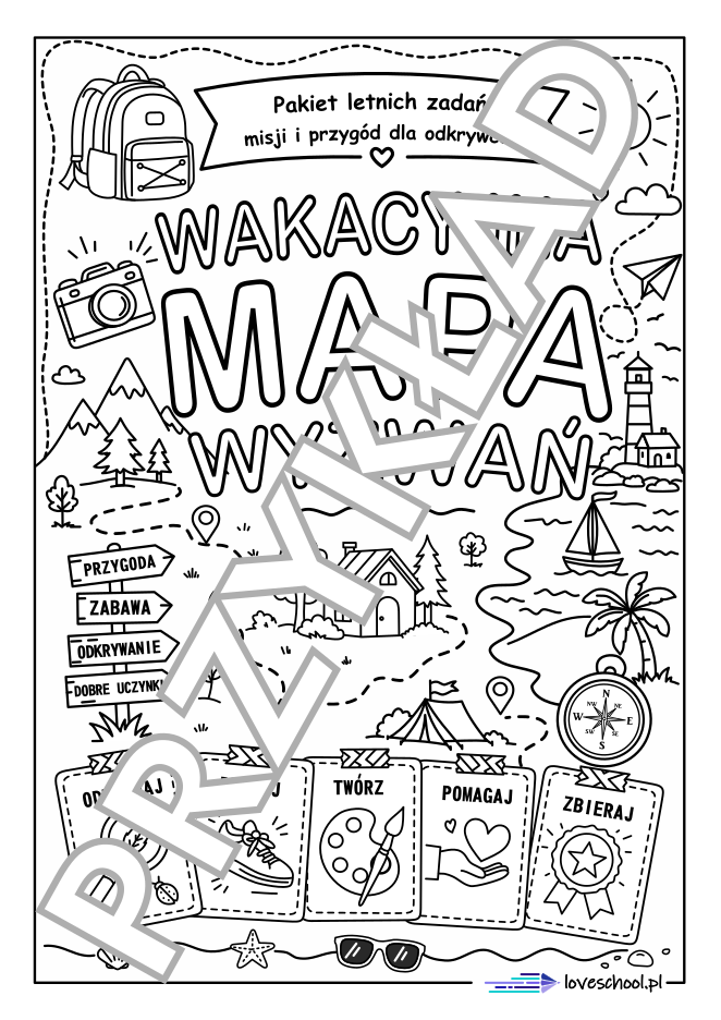 wakacyjna mapa wyzwań - karty pracy na wakacje bez ekranu